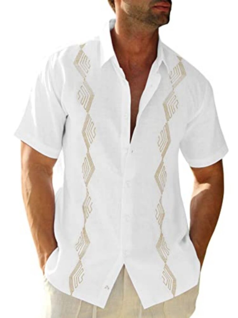 Men Linen Cuban Guayabera Shirt Short Sleeve Button Down